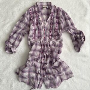 pink and purple plaid button up blouse with ruffles and tie back to make fitted